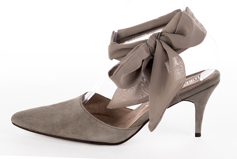 Bronze beige women's open back shoes, with an ankle scarf. Tapered toe. High slim heel. Profile view - Florence KOOIJMAN